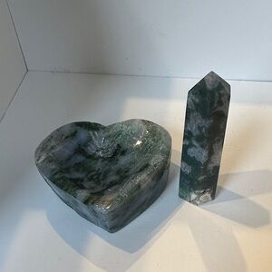 Green Moss Agate Heart Bowl and Tower Set